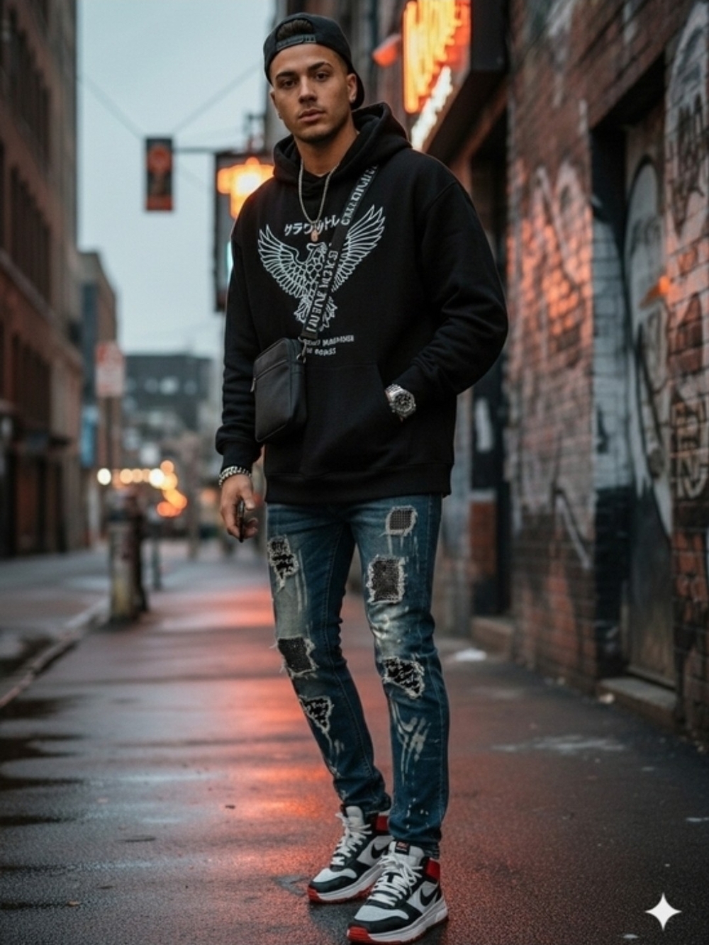 SWITCH Distressed Dark Blue Men’s Slim Taper Denim Jeans with Stud Accents